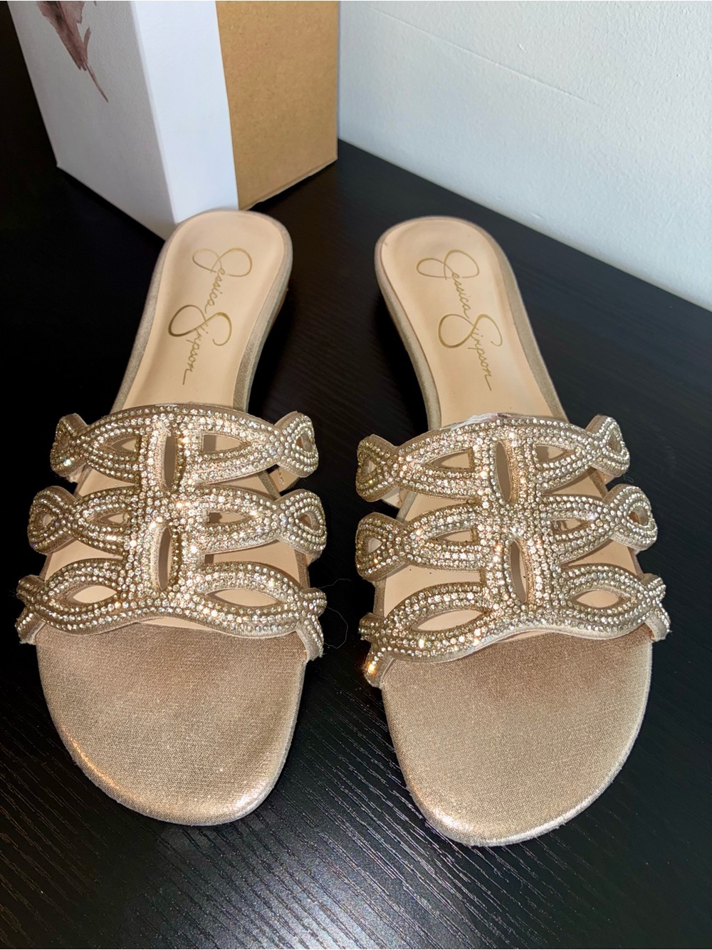 Jessica Simpson Champagne Gold Crystal-Embellished Slide Mules
